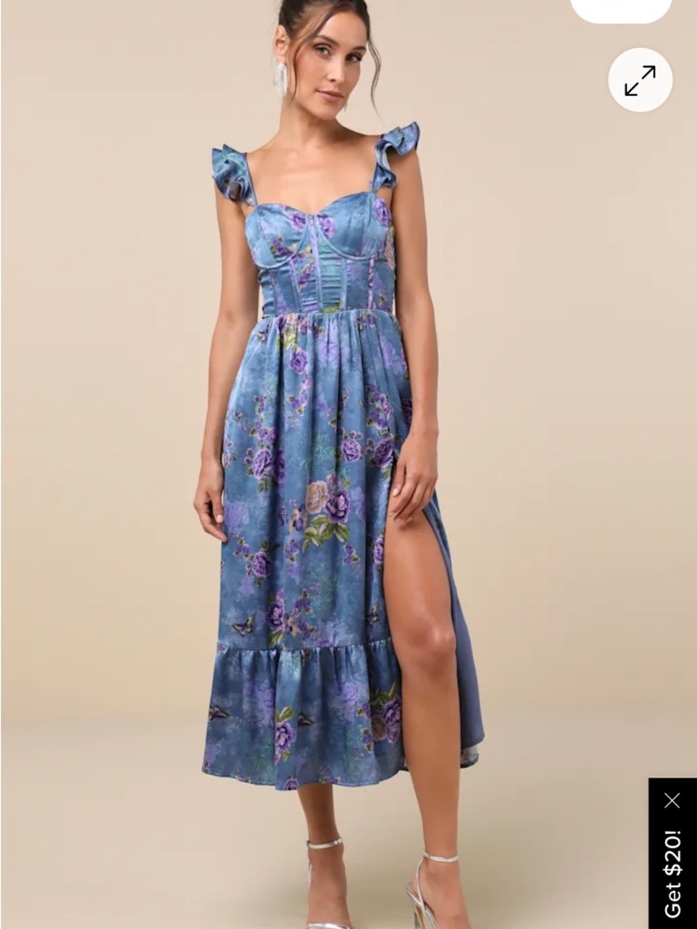 Lulu's Blue Floral Corset Midi Dress with Ruffle Straps
